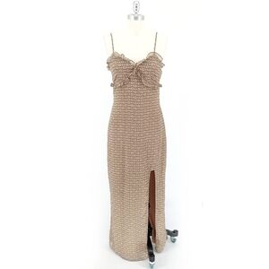 Love and Piece Floral Maxi Dress Tan Green M retro summer ruffle bohemian party